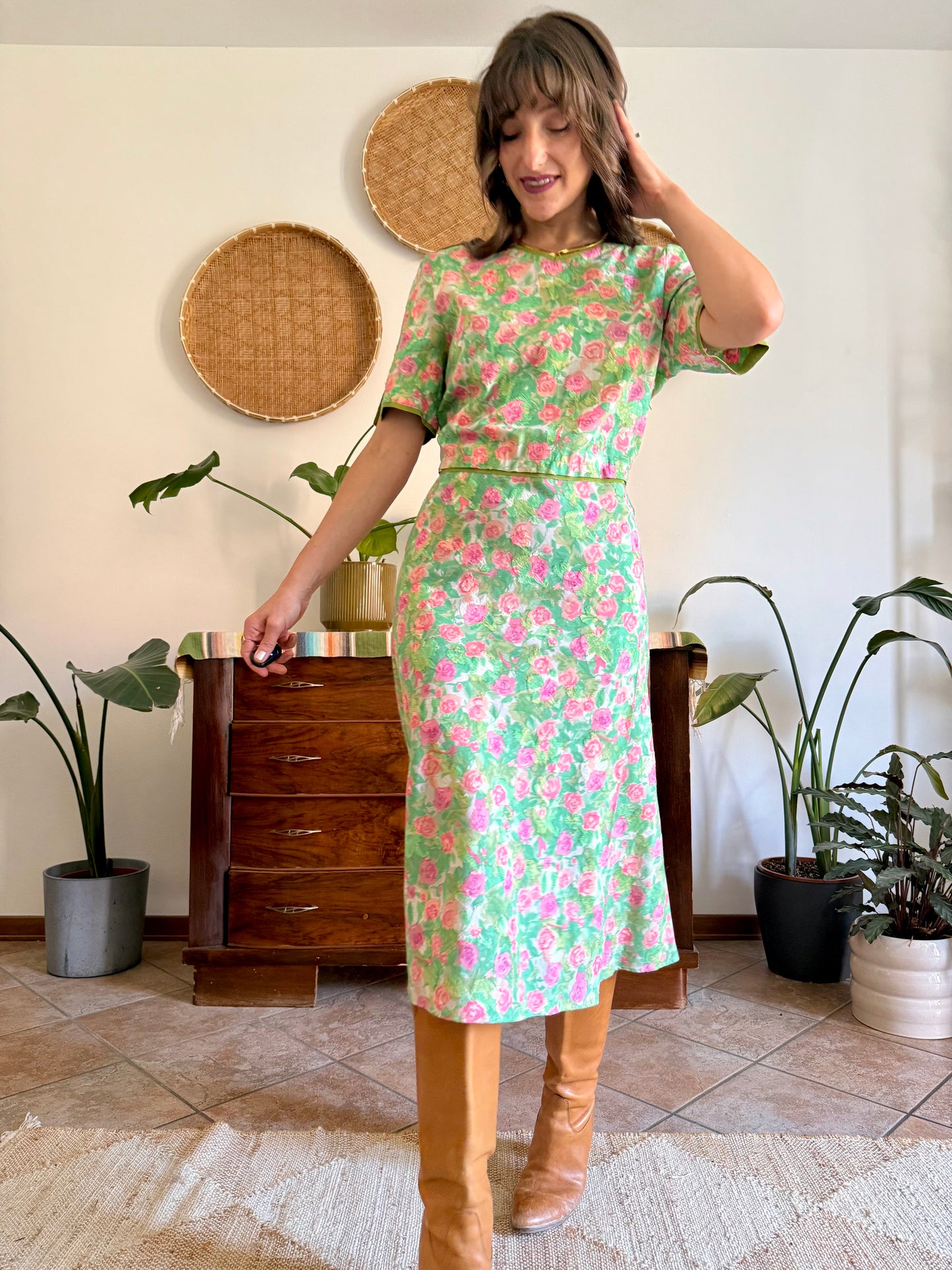 1960’s vintage semi sheer green, pink and white textured floral print midi dress
