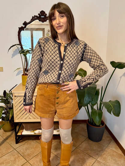 1990's vintage grey and beige alpaca knit cardigan with turquoise geometric pattern