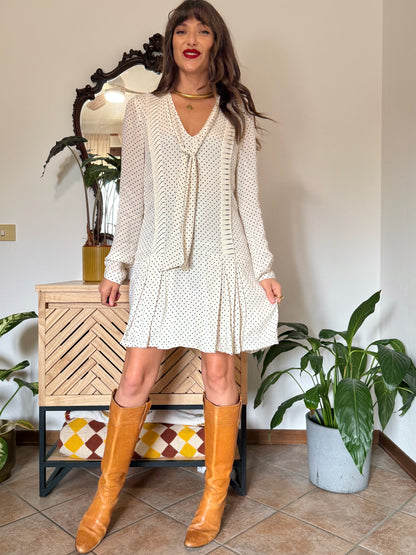 1990’s vintage cream pleated mini dress with black polkadots and bow tie neck