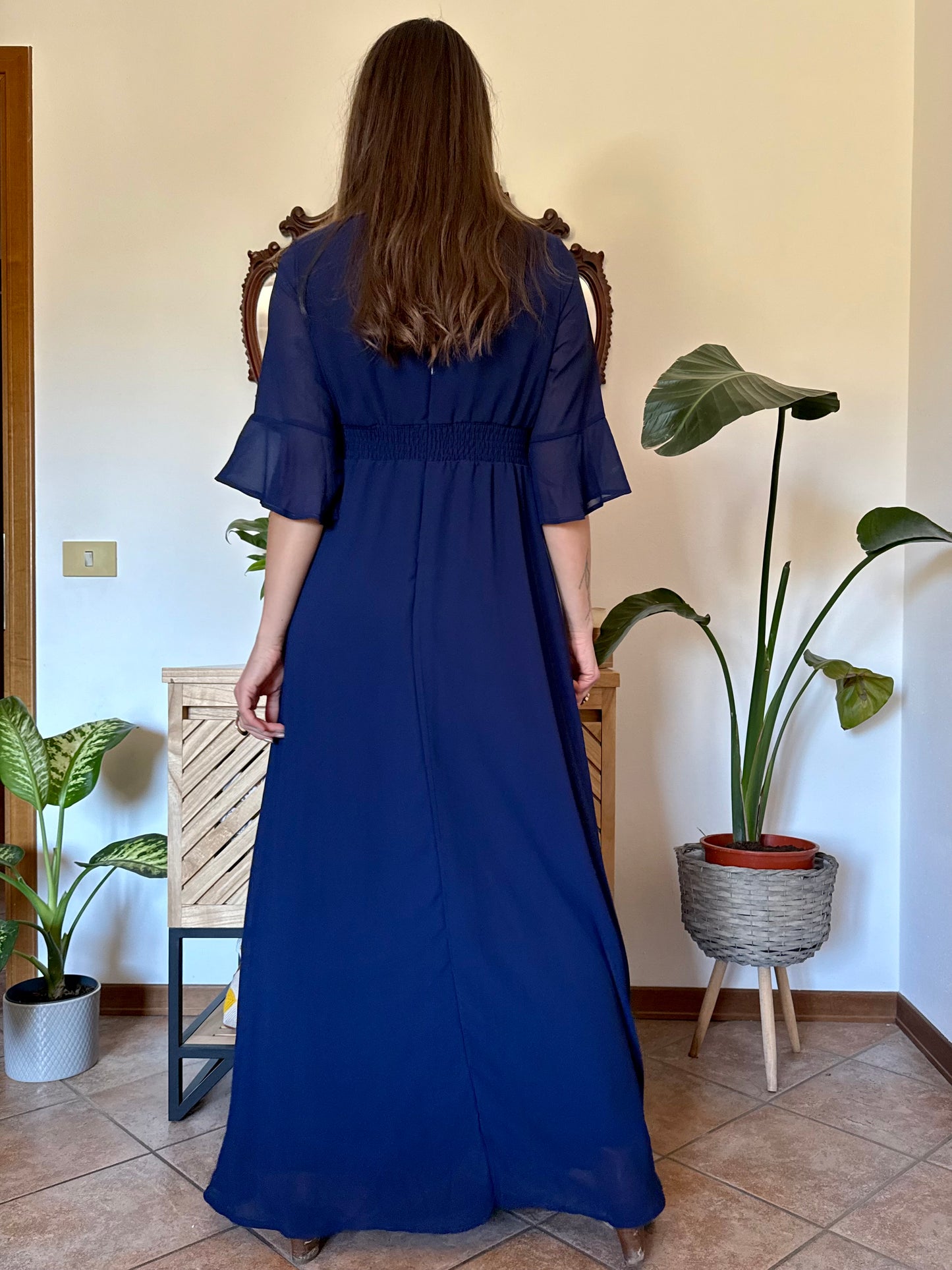 Y2k vintage navy blue belle sleeve maxi dress with floral embroidery