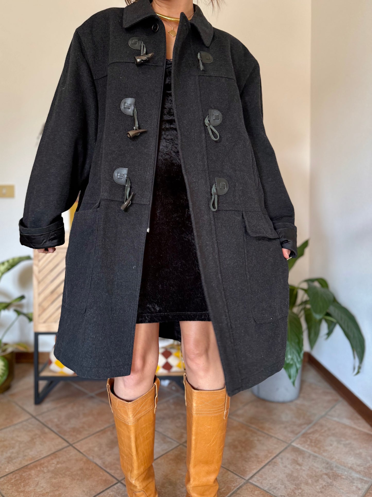 1970’s vintage charcoal grey cashmere and wool coat with toggle details