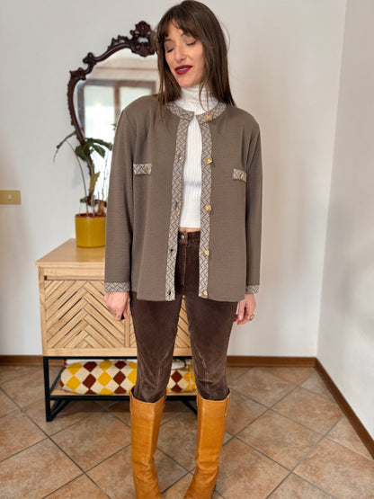 1980's vintage khaki wool cardigan with cream geometric knit pattern and square brass buttons