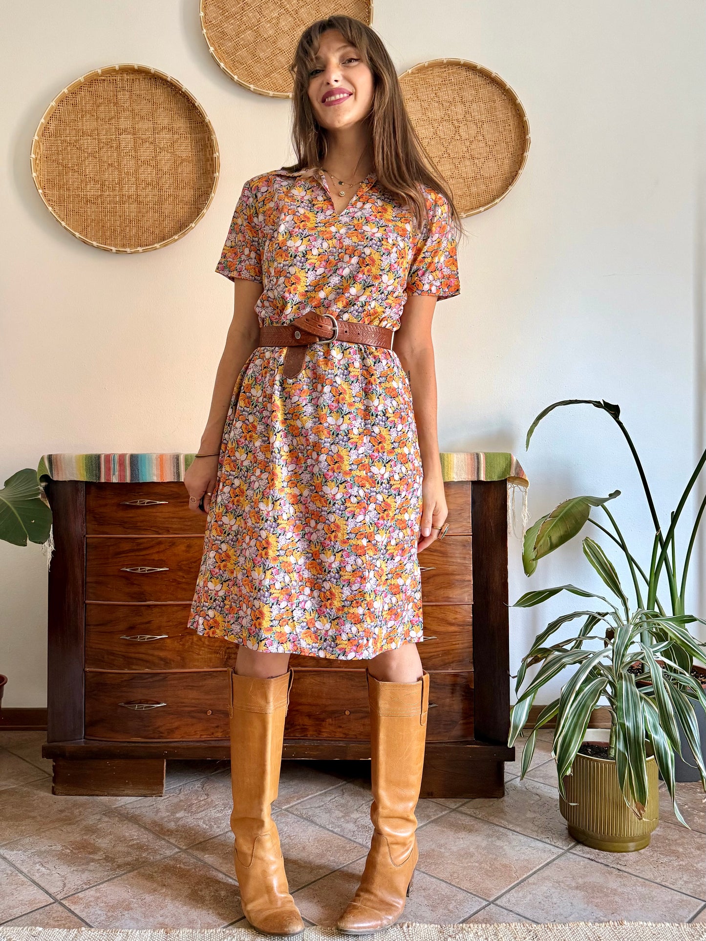 1960’s vintage multicolor pastel micro floral print midi dress