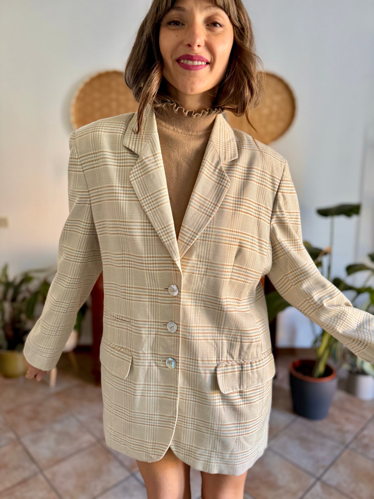 1970’s vintage wool cream, grey and tan plaid wool blazer with oversize mother of pearl buttons