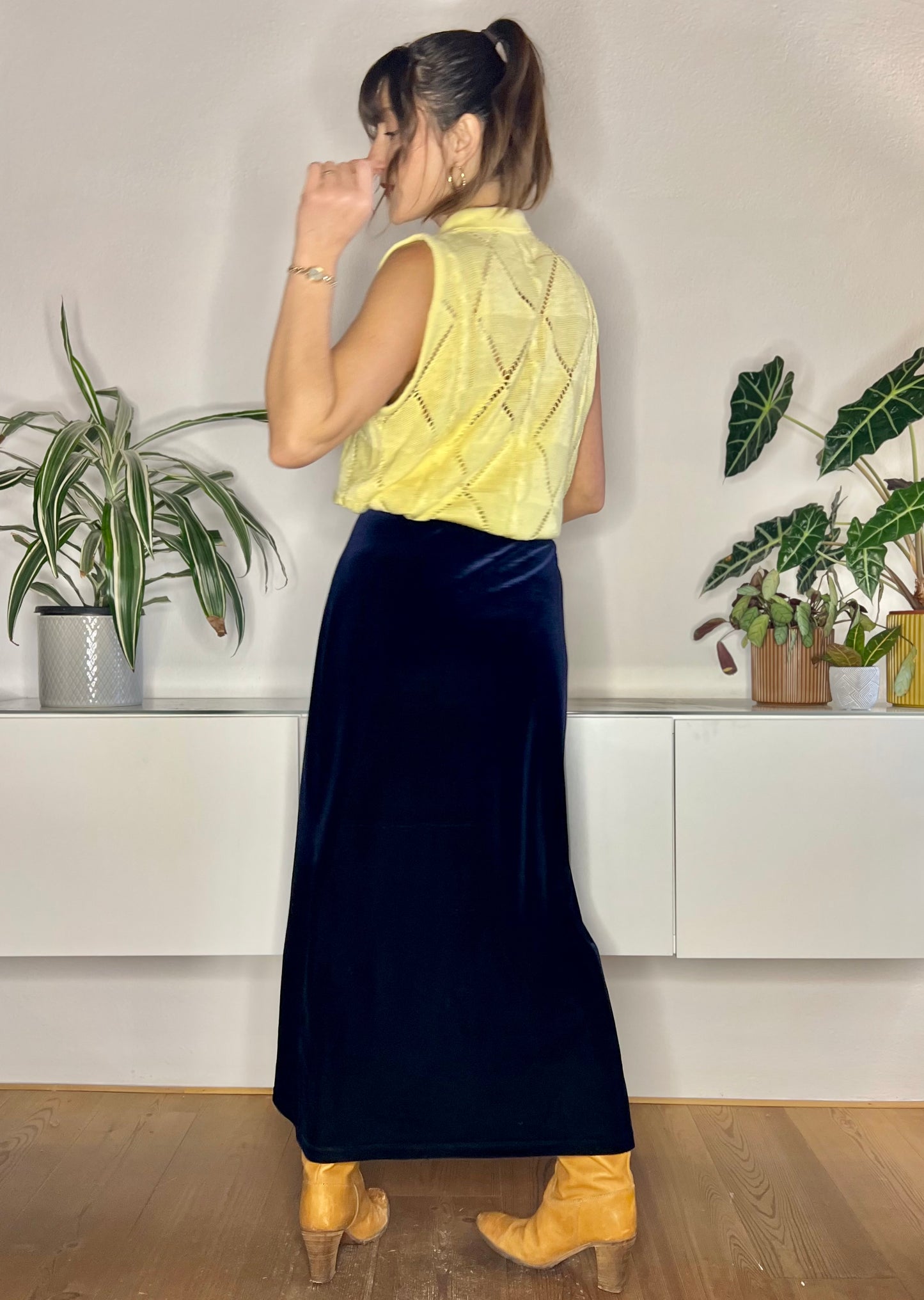 1970's vintage navy blue velvet maxi skirt