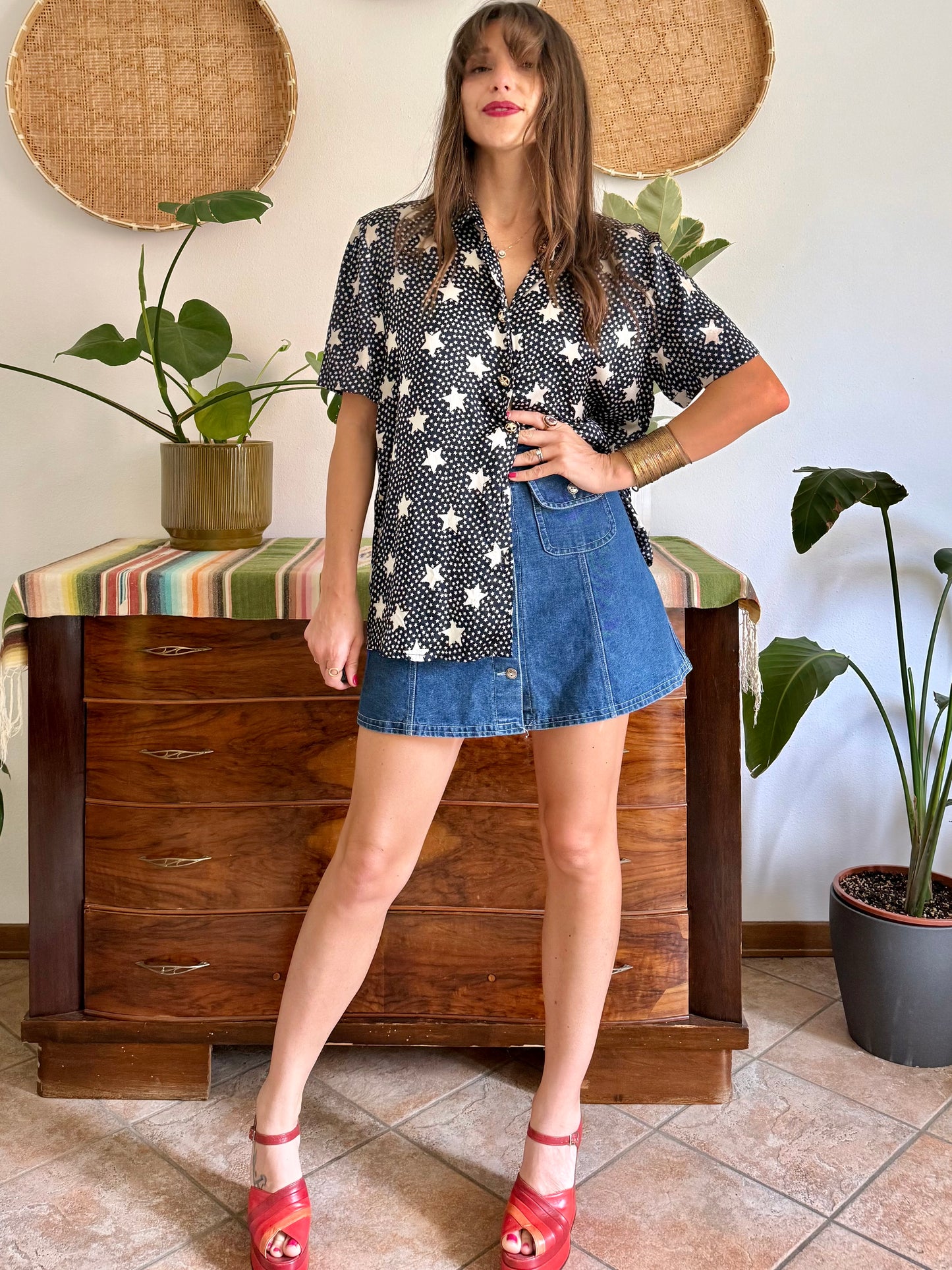 1970’s vintage navy blue silk blouse with star print and rhinestone star buttons
