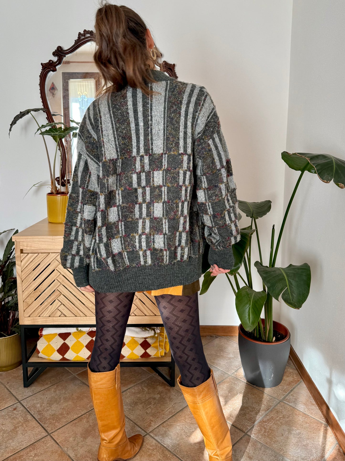 1970’s vintage grey cardigan with burgundy and yellow knit geometric pattern