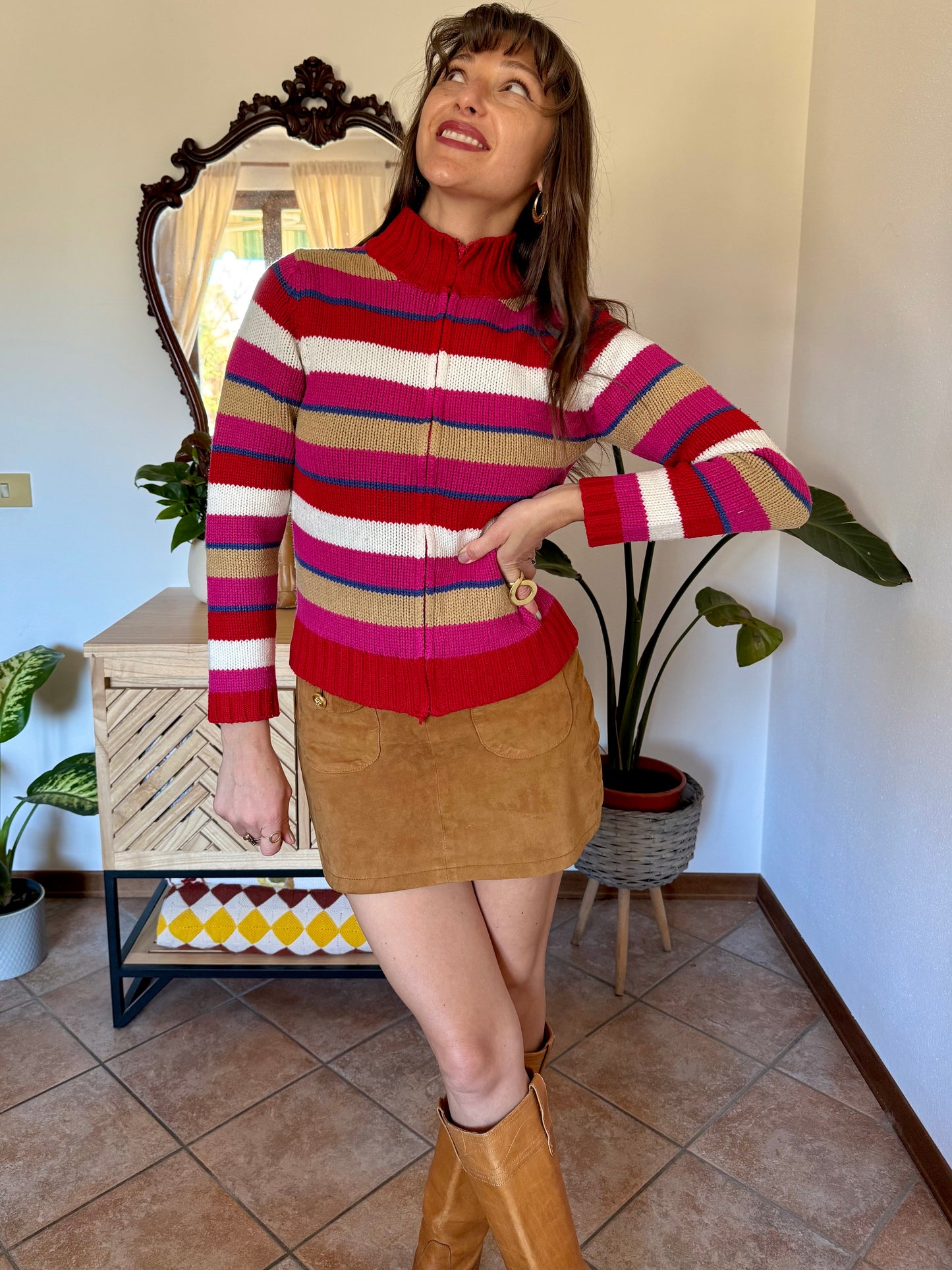 1990's vintage red, pink and blue stripe zip up wool knit cardigan