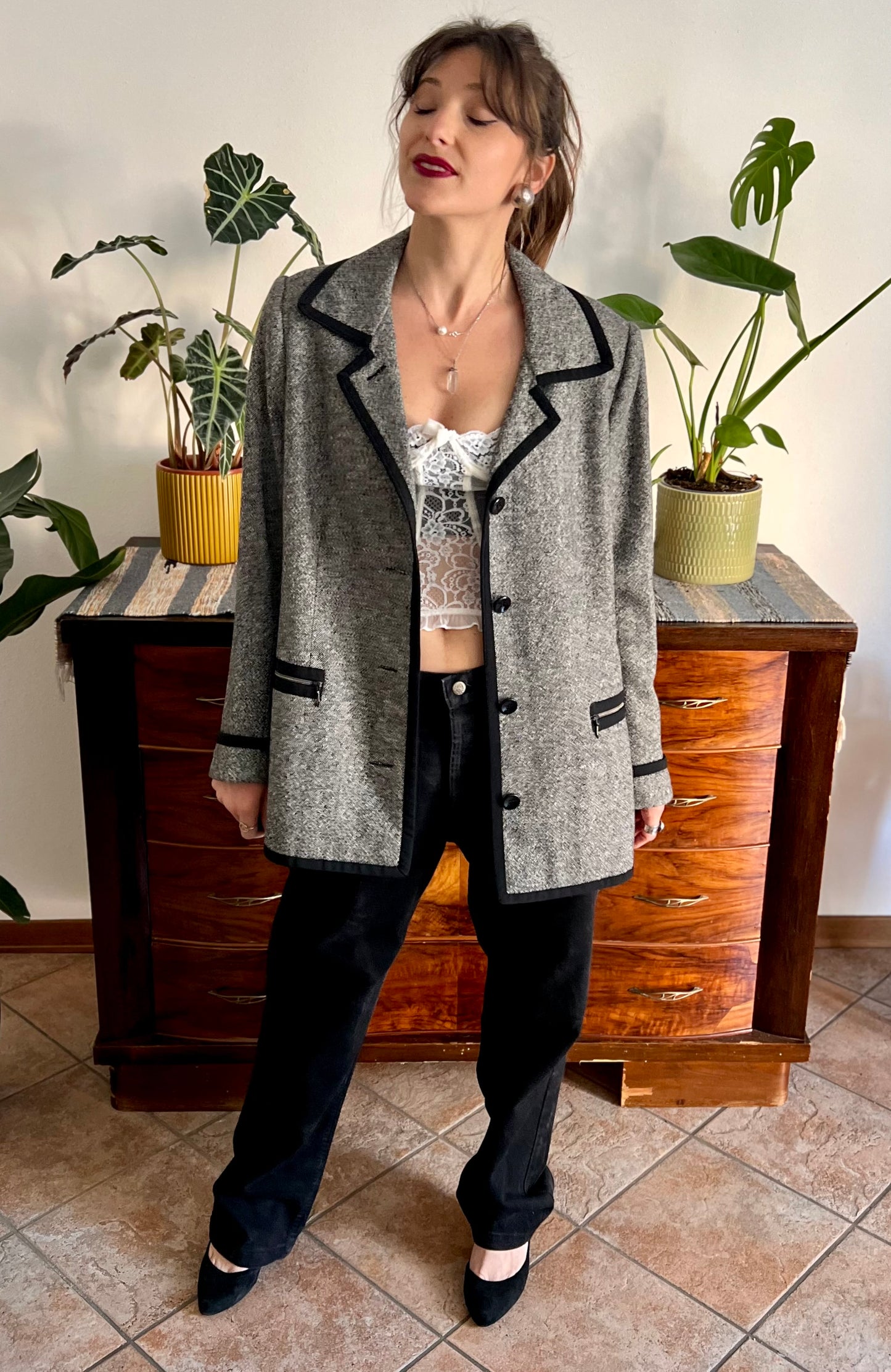 1990's vintage grey tweed oversize blazer with black trim