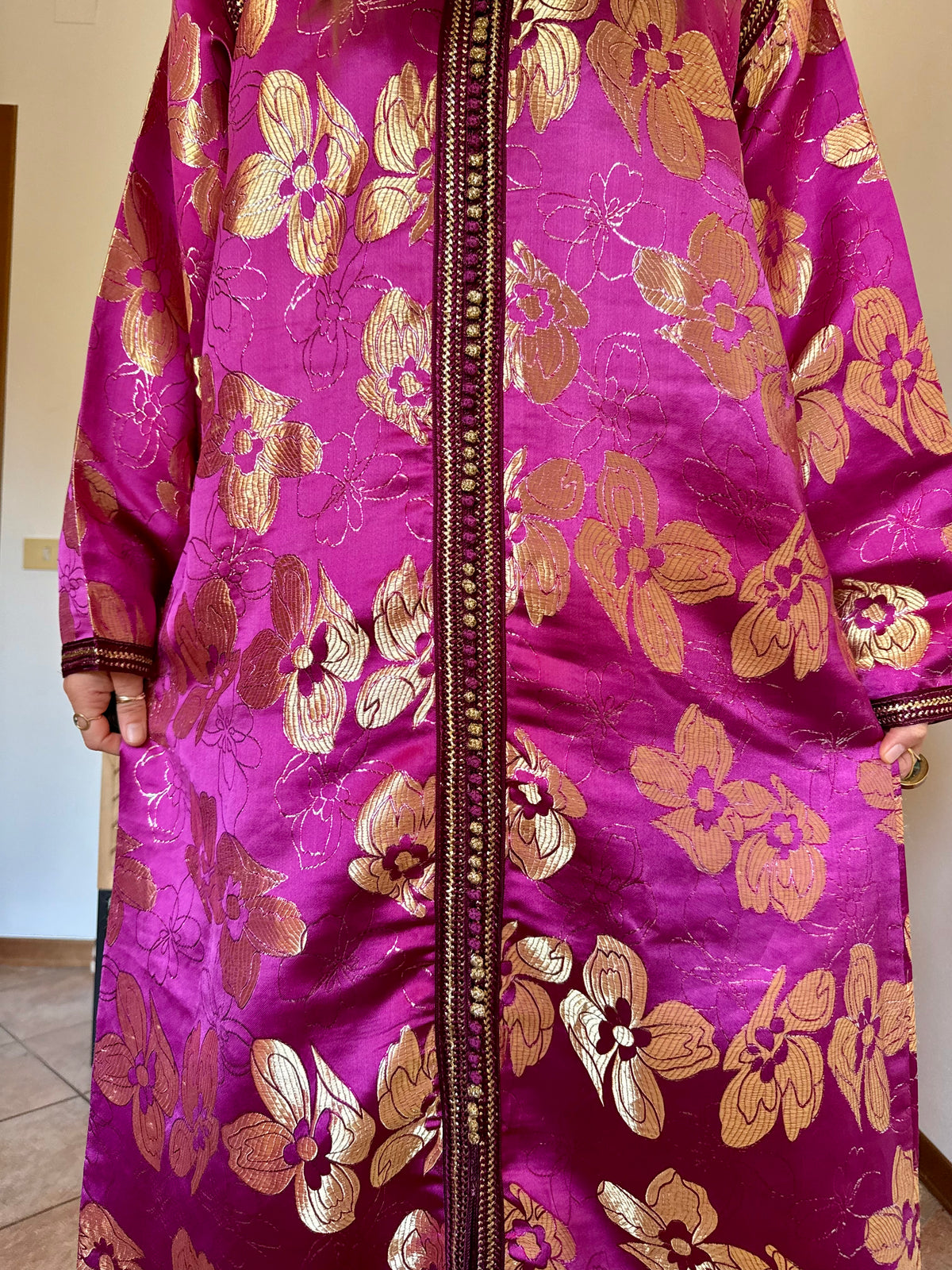 1970’s vintage fuchsia and gold floral weave brocade satin maxi dress