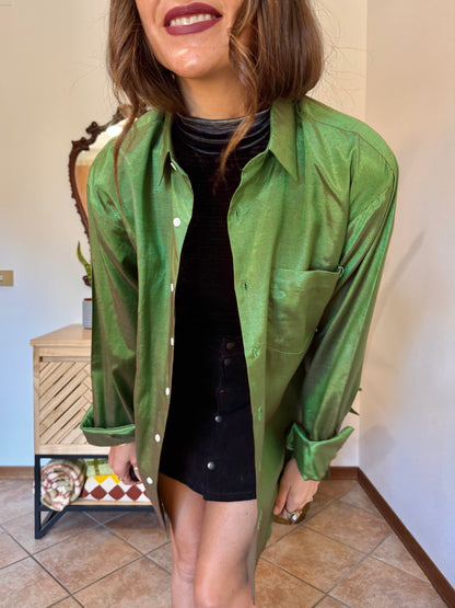 1970’s vintage oversize green and brown iridescent silk blouse