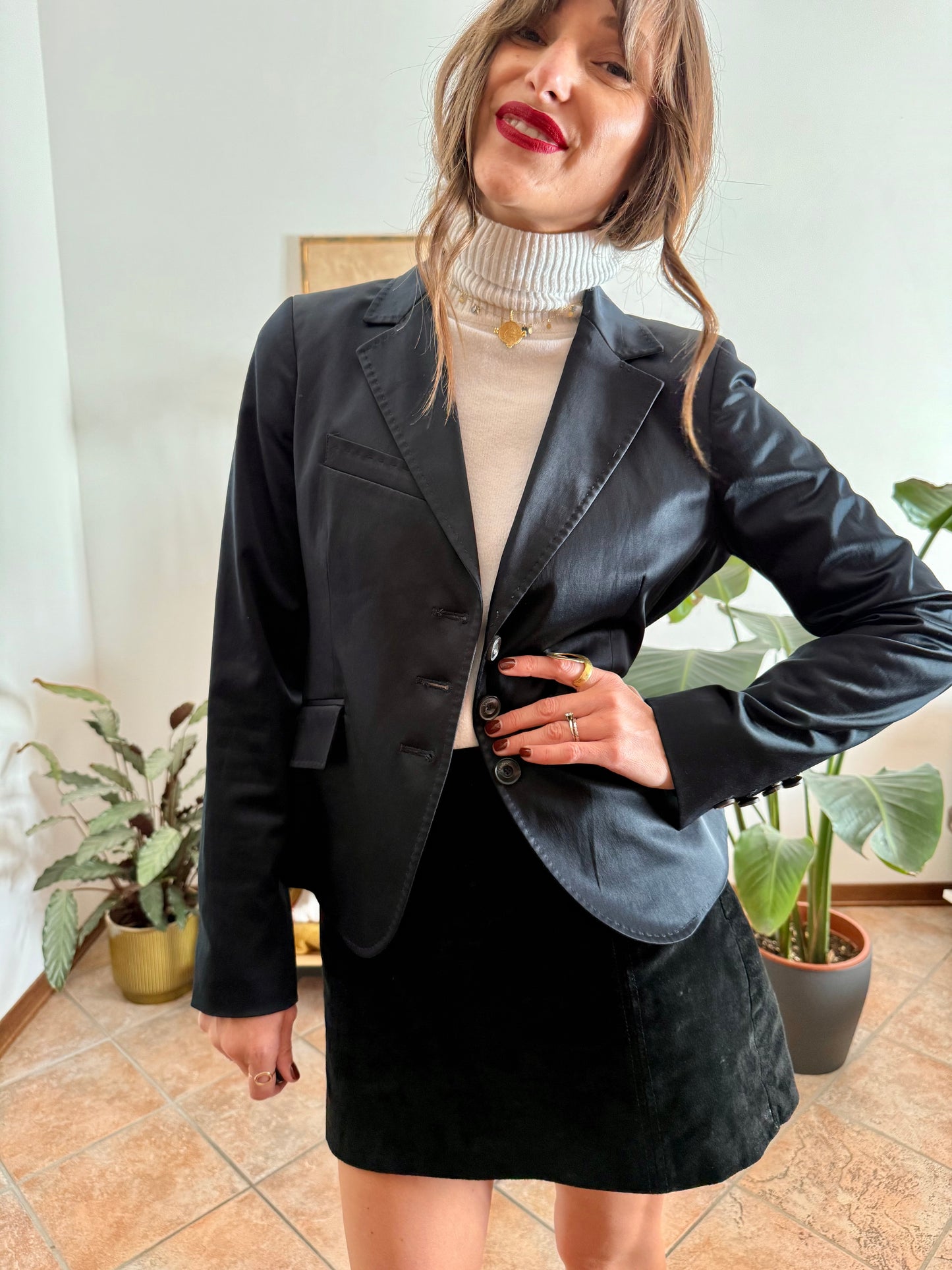 1990’s vintage black satin blazer with stitch detailing