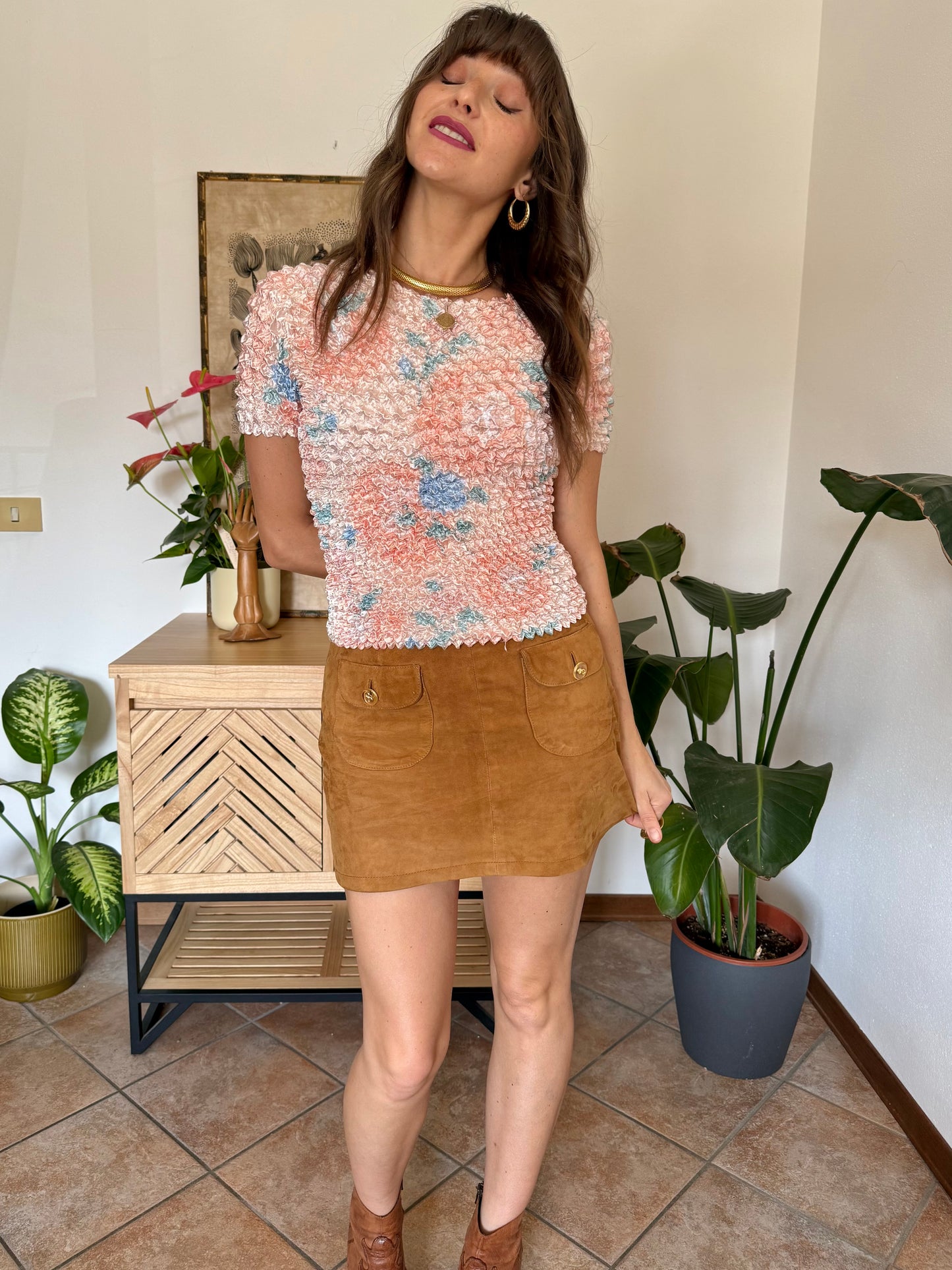 1990’s vintage pink, peach and blue crinkle top