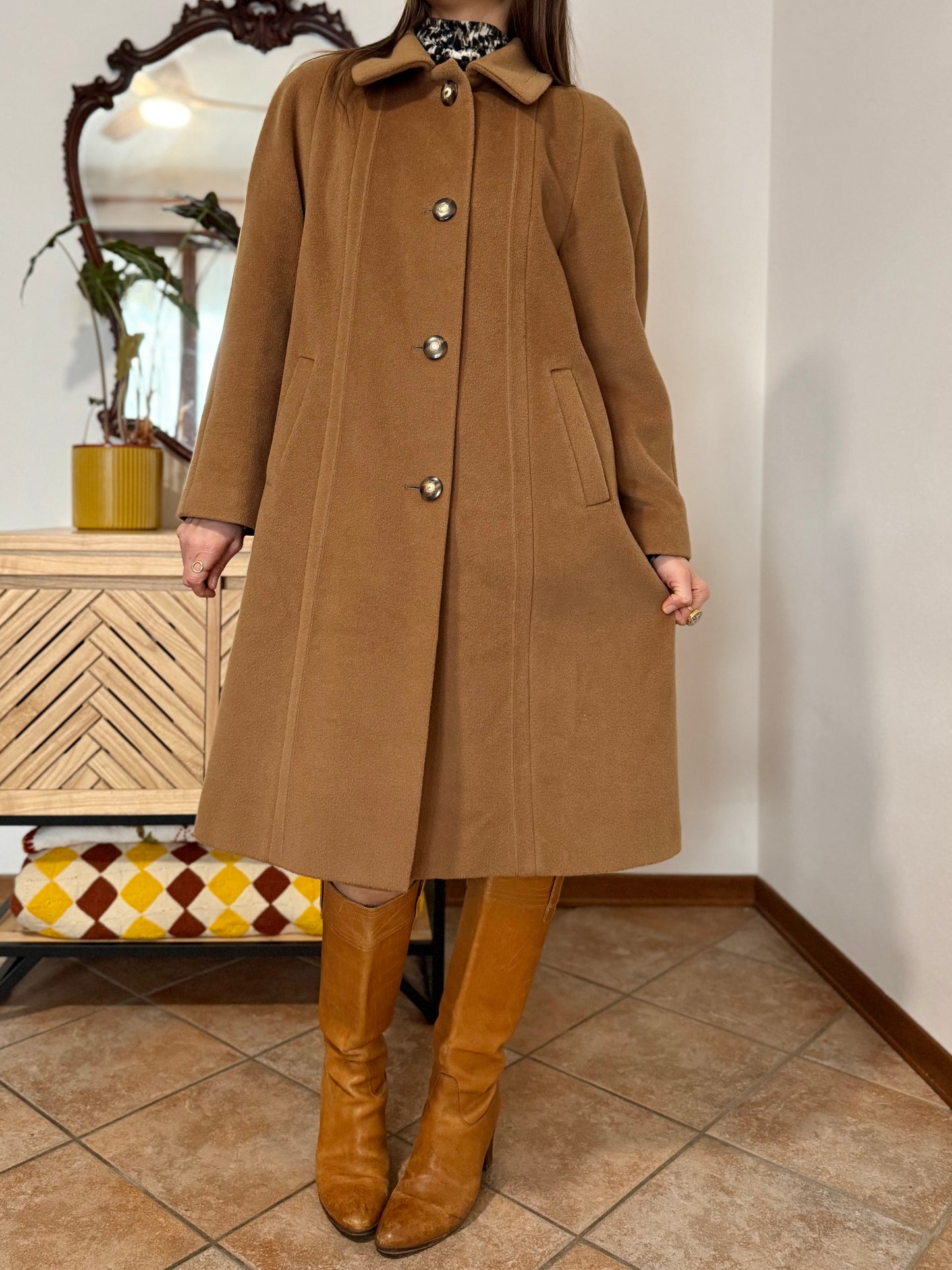1970’s vintage tan wool overcoat with oversize button details