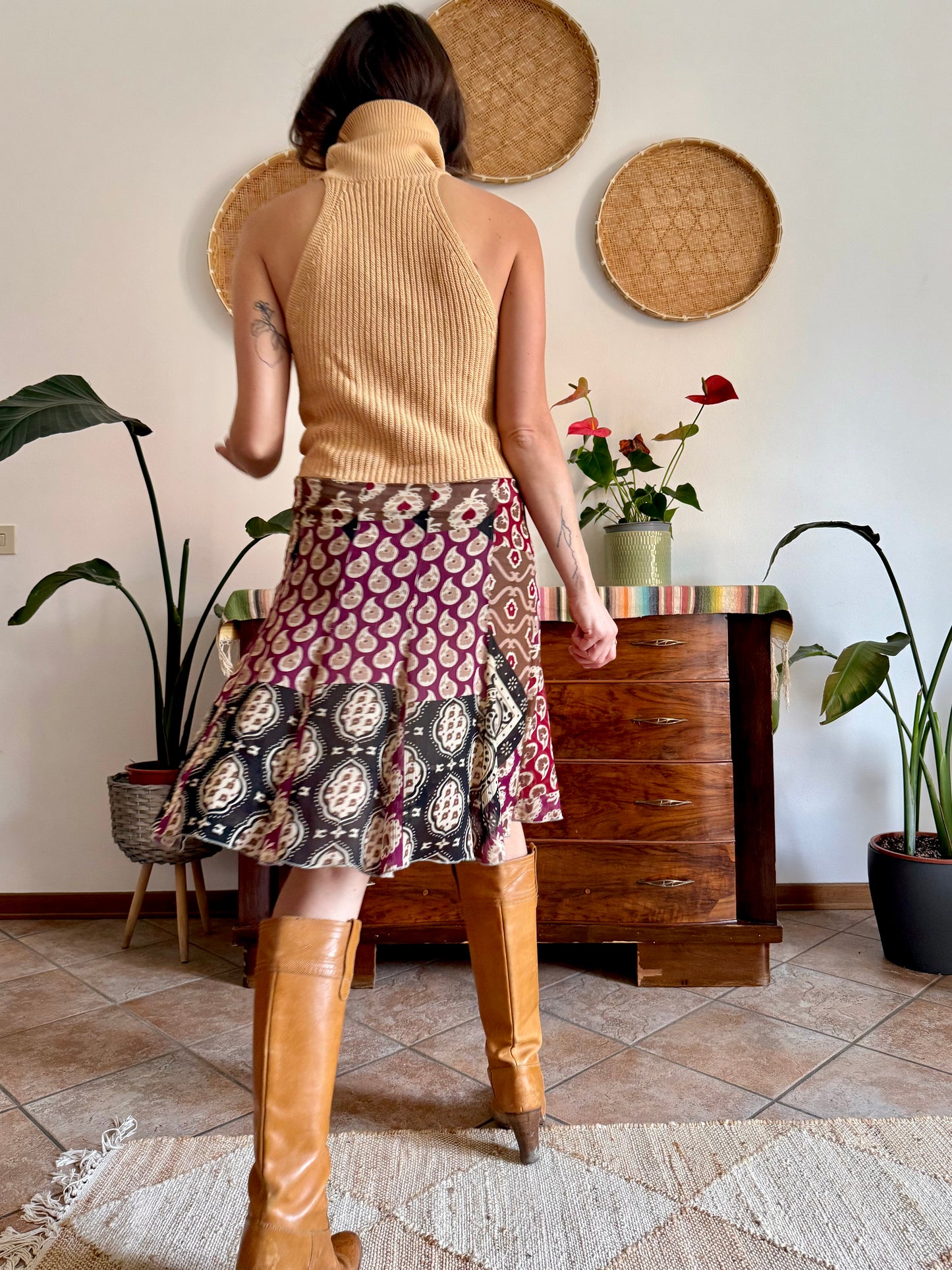 Y2K vintage burgundy, tan and black geometric print midi skirt