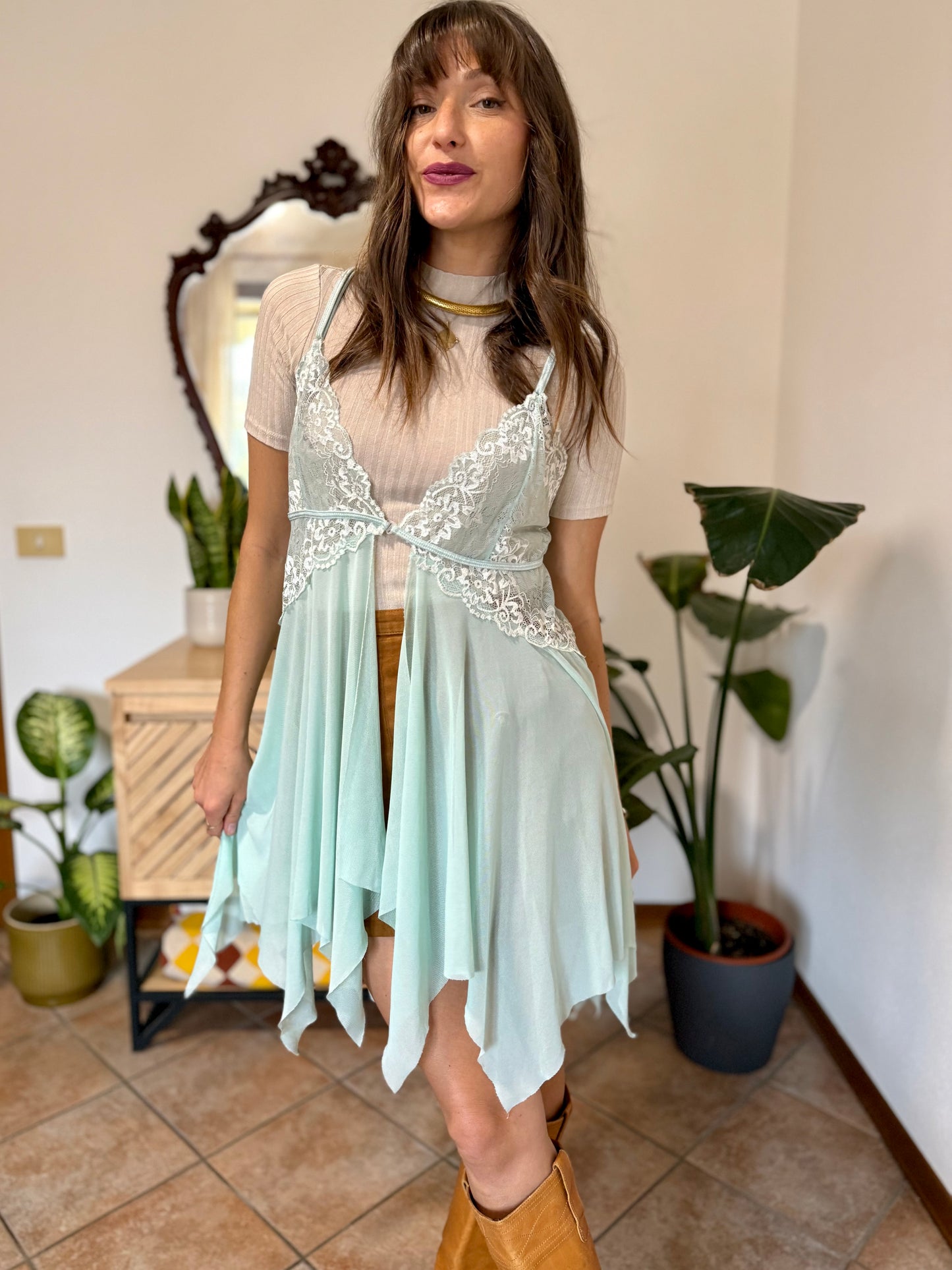 Y2K vintage asymmetrical light turquoise and lace slip