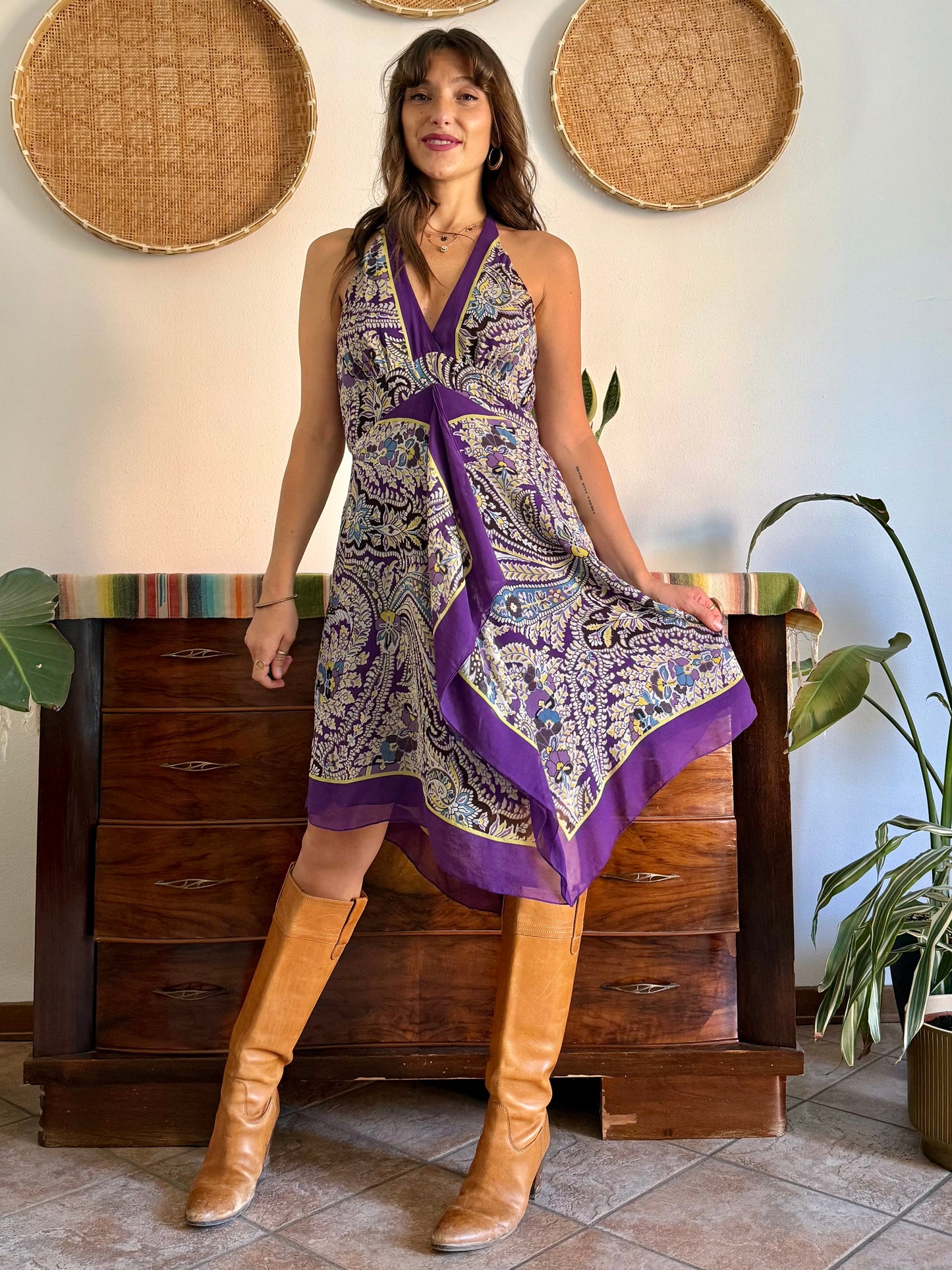 Y2k vintage purple and yellow floral silk halter top midi dress