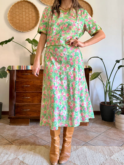 1960’s vintage semi sheer green, pink and white textured floral print midi dress