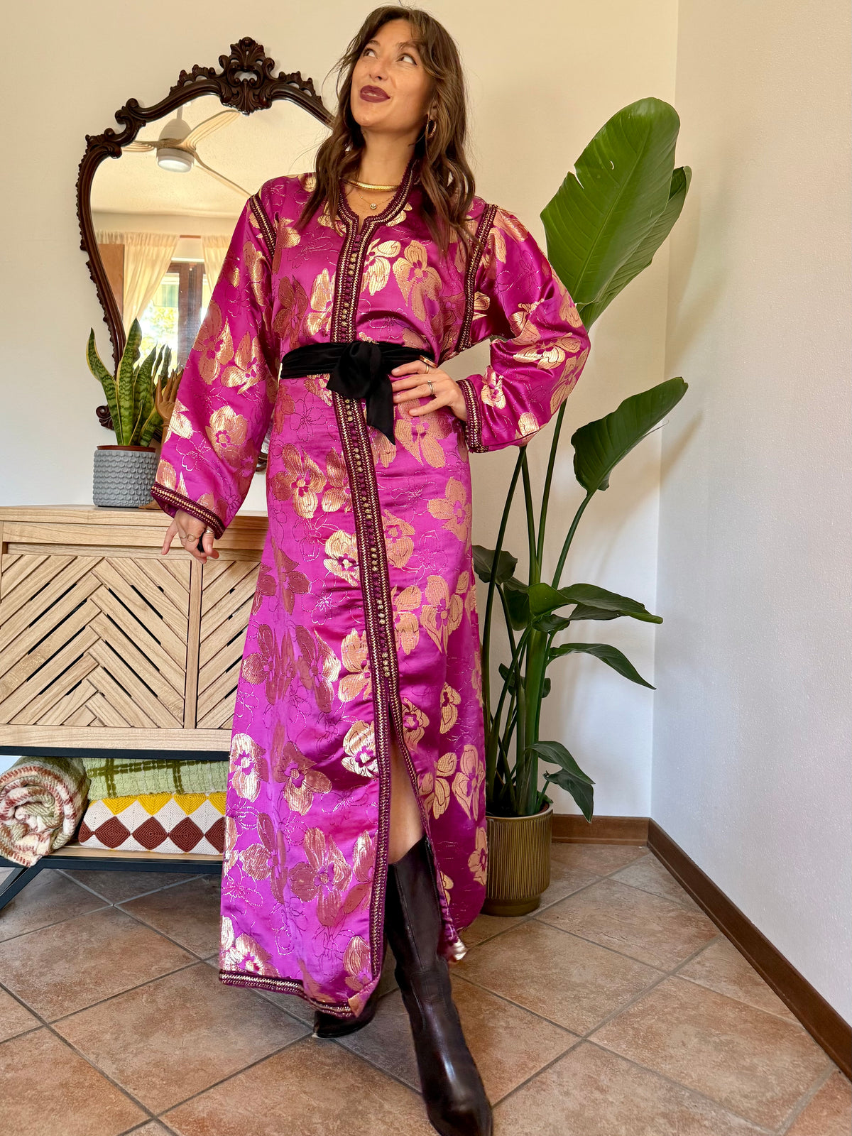 1970’s vintage fuchsia and gold floral weave brocade satin maxi dress