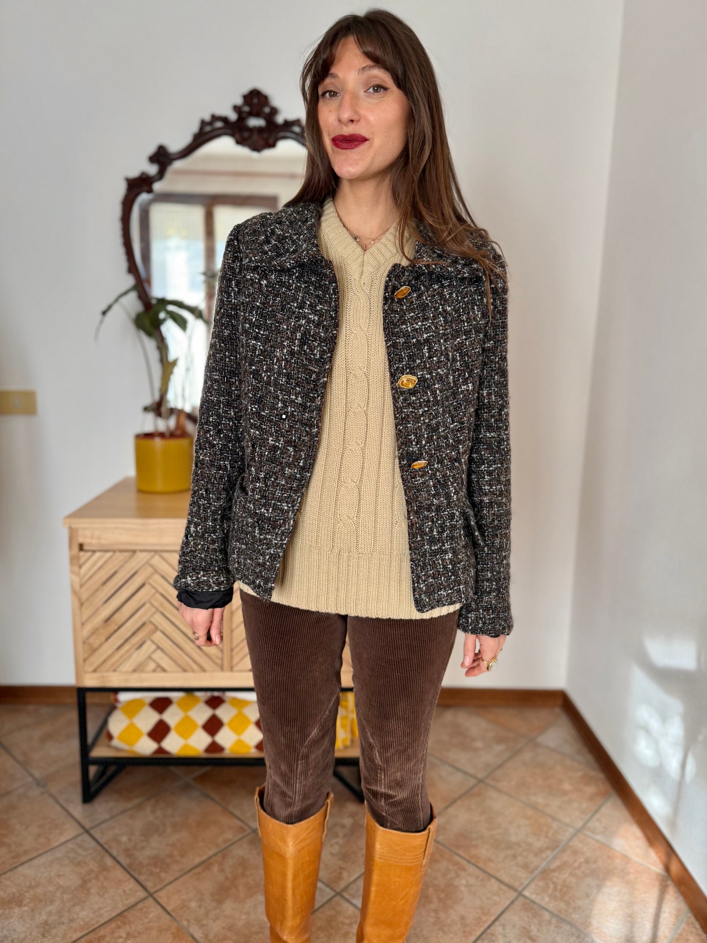 1990’s vintage black, khaki and cream boucle wool with gold and yellow glass buttons