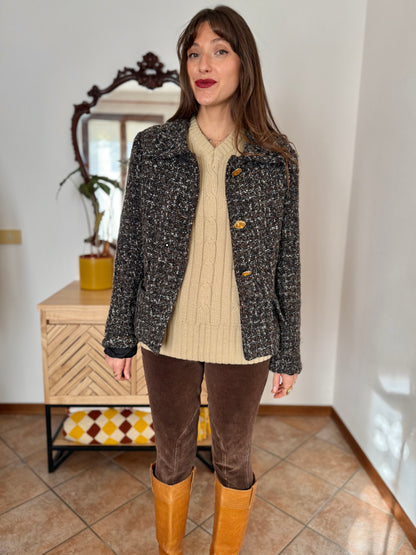 1990’s vintage black, khaki and cream boucle wool with gold and yellow glass buttons