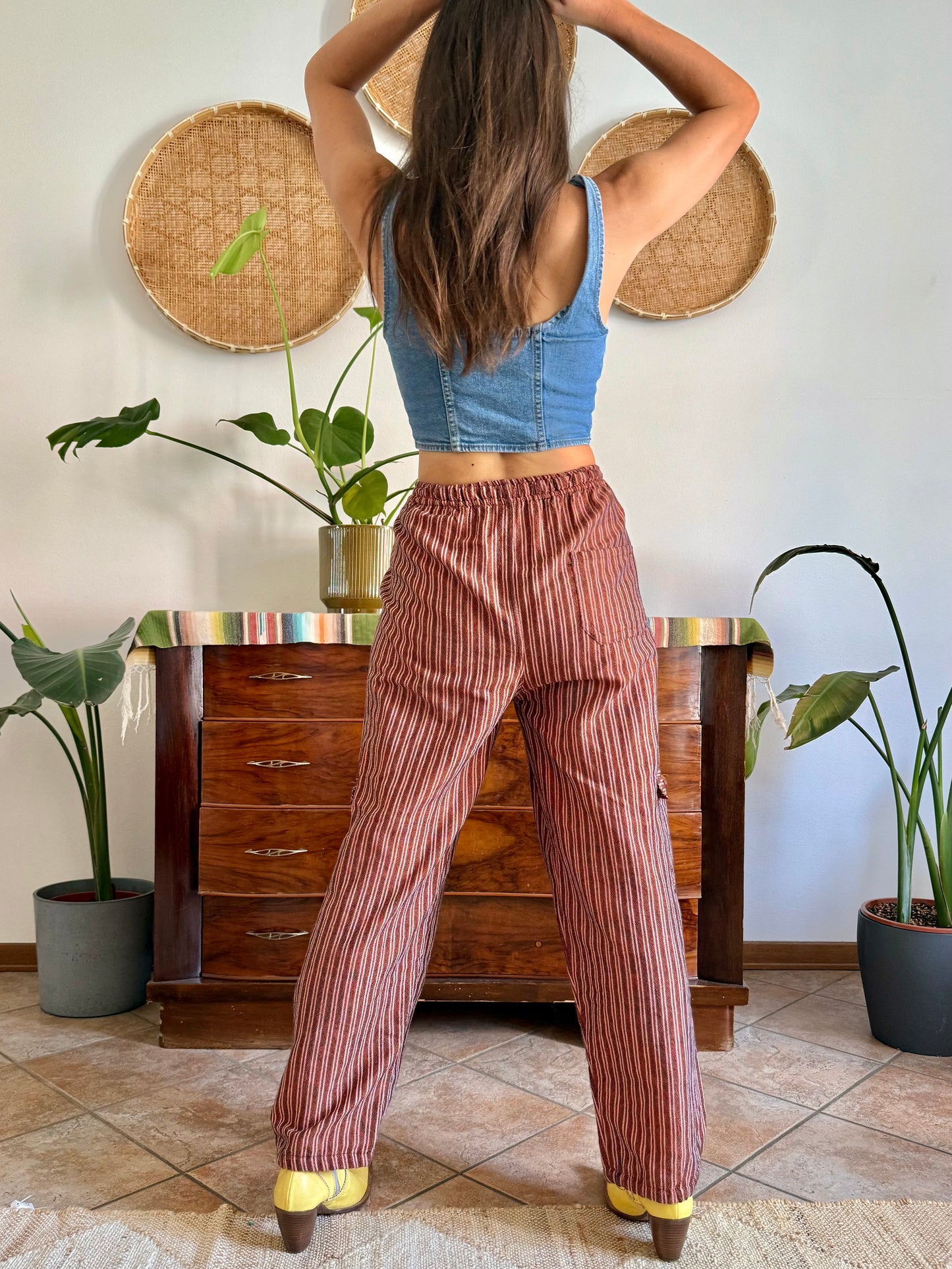 1990’s vintage chocolate brown and pink stripe woven wide leg trousers