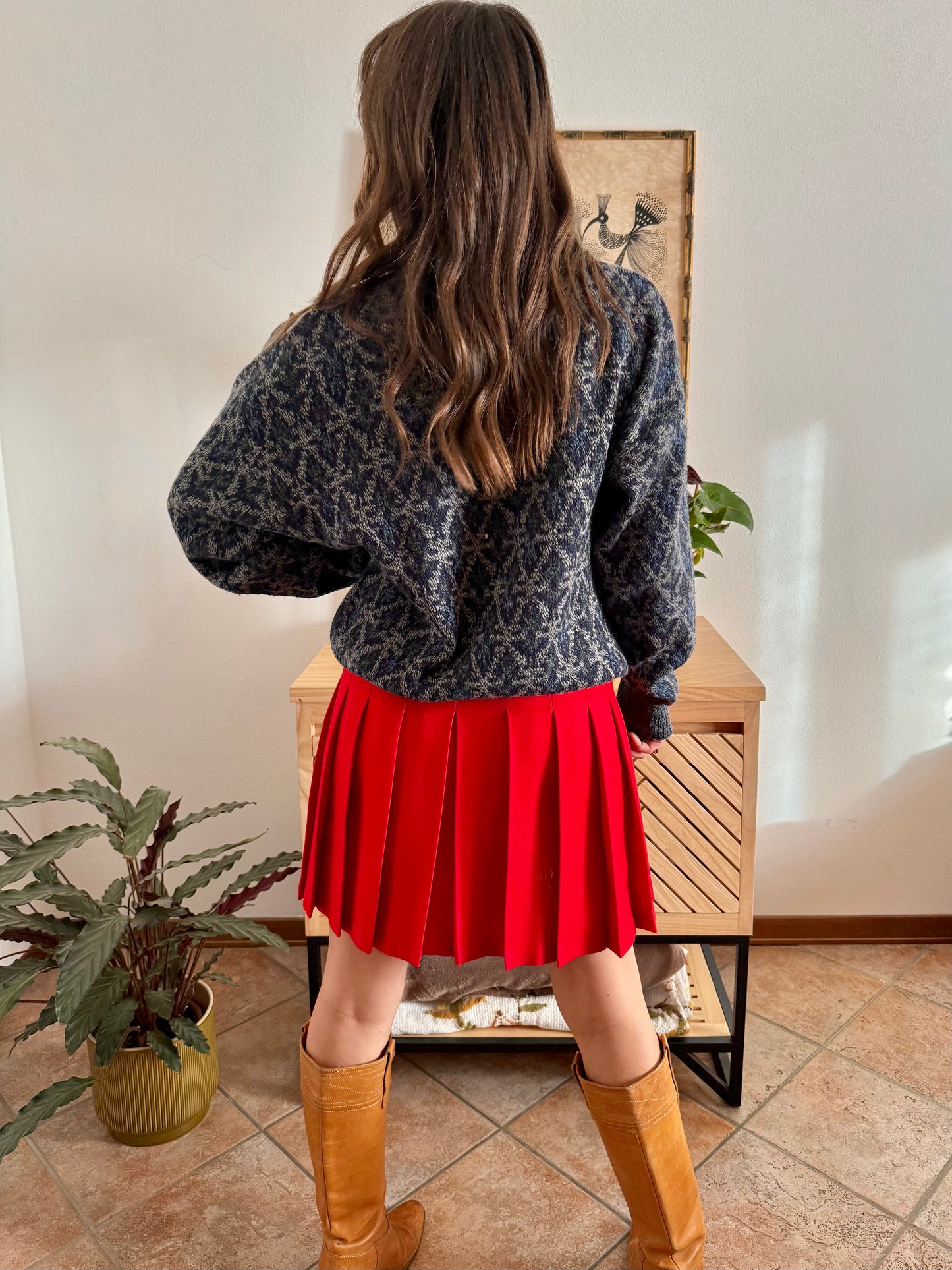 1970's grey wool pullover with blue geometric knit pattern and pocket detail