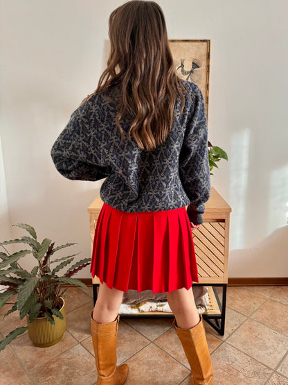 1970's grey wool pullover with blue geometric knit pattern and pocket detail