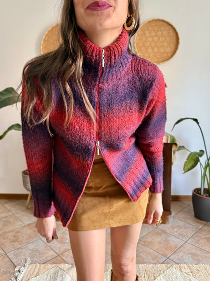 1990’s vintage purple and fucsia double zip mock neck wool cardigan