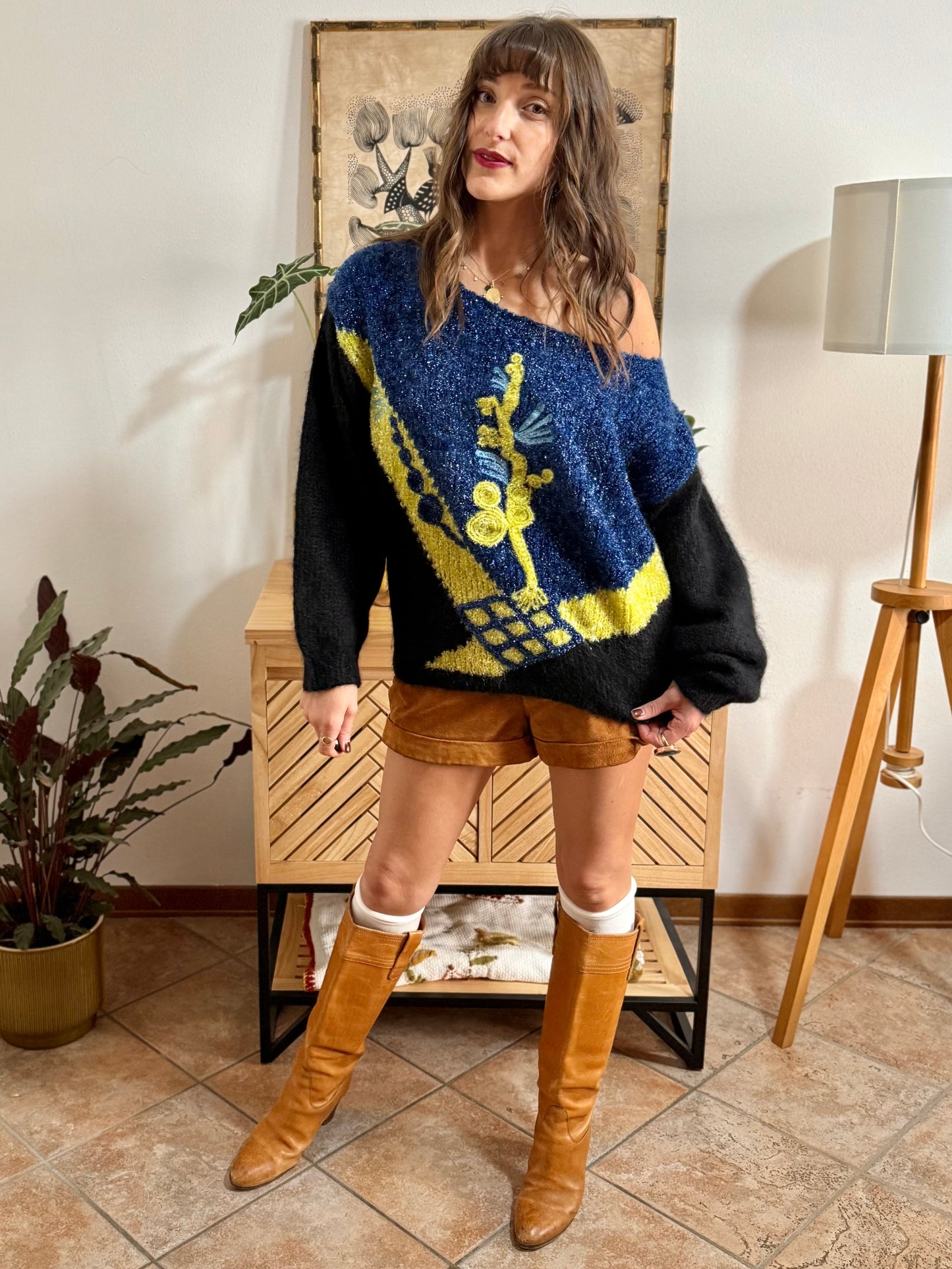 1980’s vintage blue, black and citron textured metallic pullover