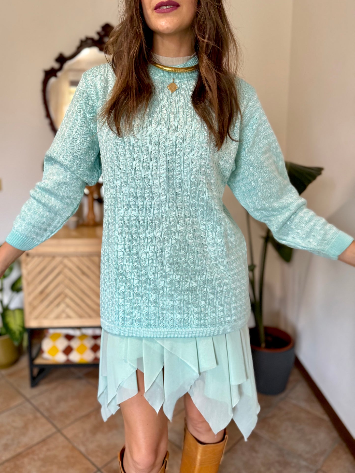 Y2k vintage light turquoise and silver wool blend  cable knit pullover