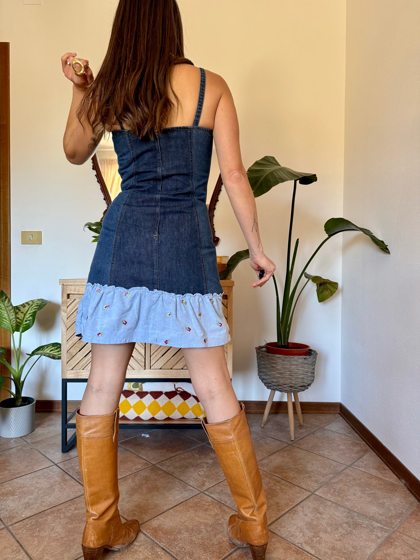 Y2k vintage denim Levi's mini dress with floral embroidery ruffle trim