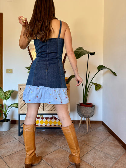 Y2k vintage denim Levi's mini dress with floral embroidery ruffle trim