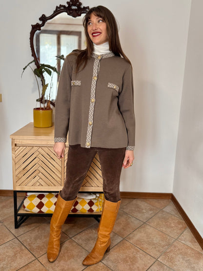 1980's vintage khaki wool cardigan with cream geometric knit pattern and square brass buttons