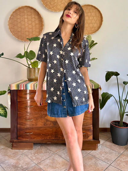 1970’s vintage navy blue silk blouse with star print and rhinestone star buttons