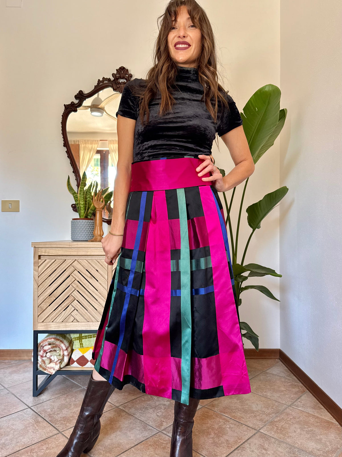 1970’s vintage black, fuchsia,green and blue plaid satin midi skirt
