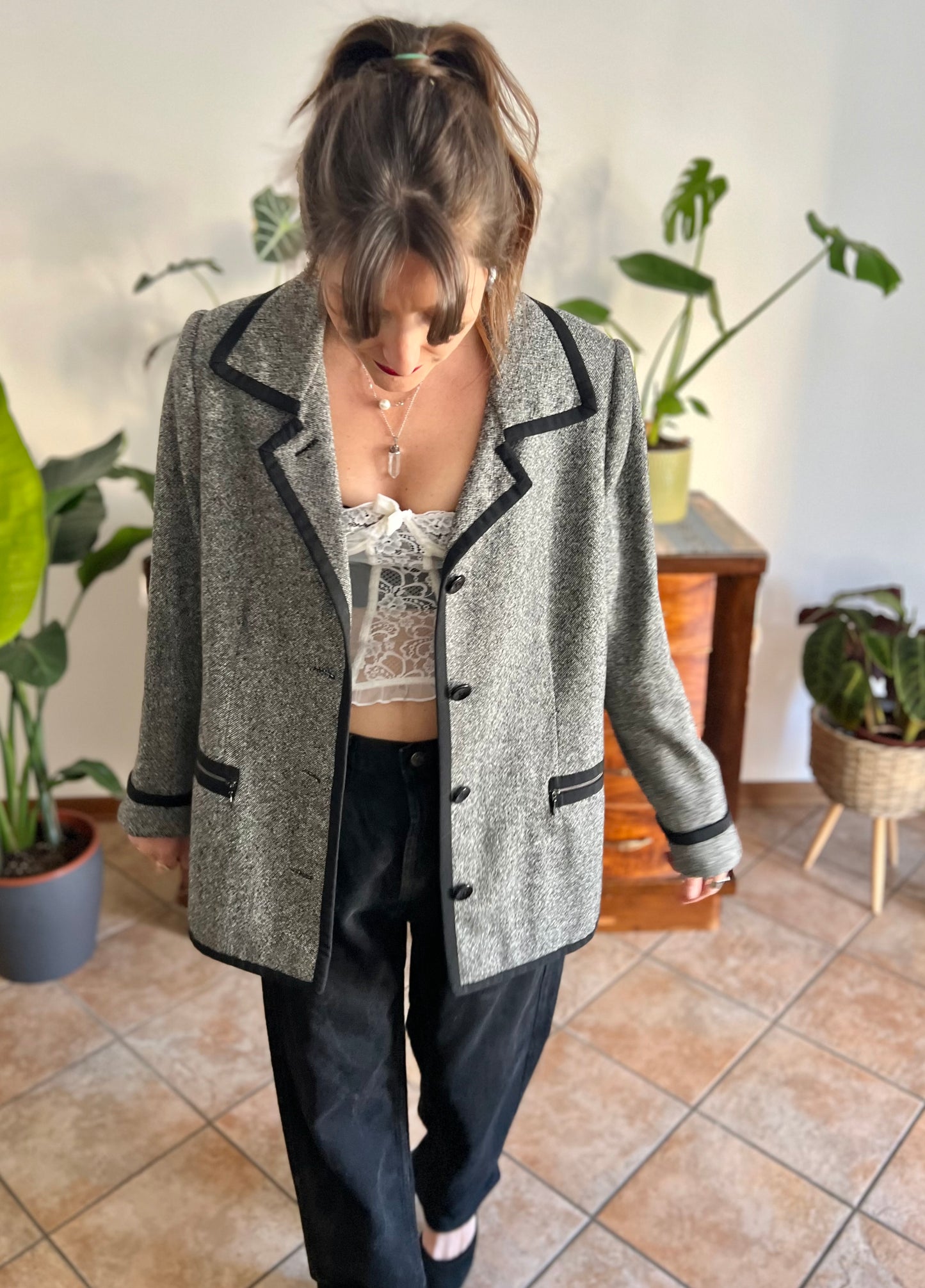 1990's vintage grey tweed oversize blazer with black trim