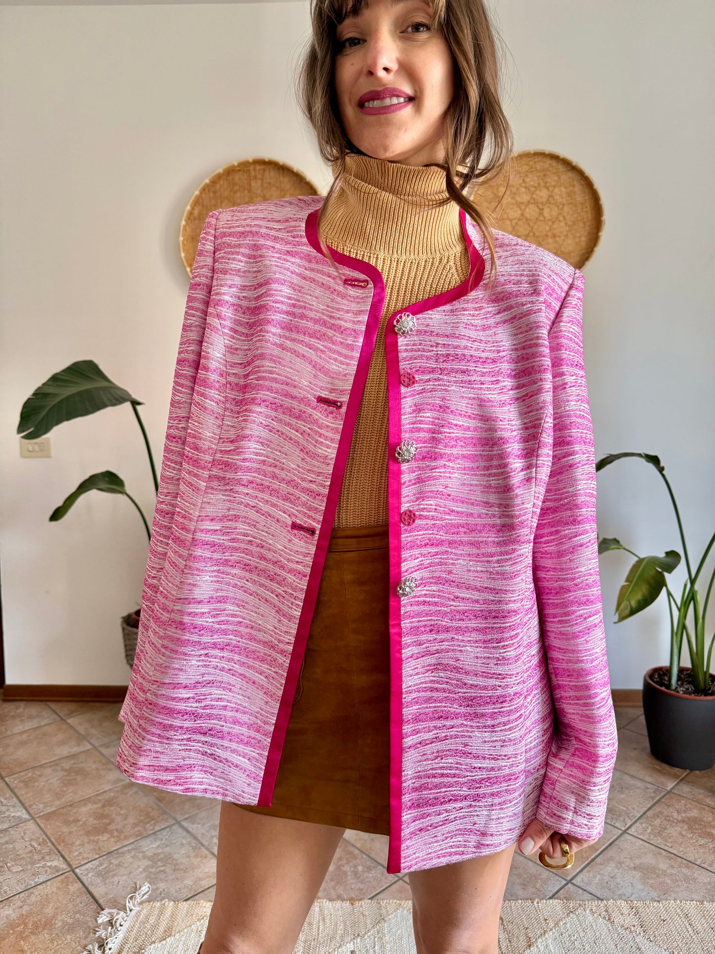 1980’s vintage fuchsia and cream textured woven jacket with rhinestones stone buttons