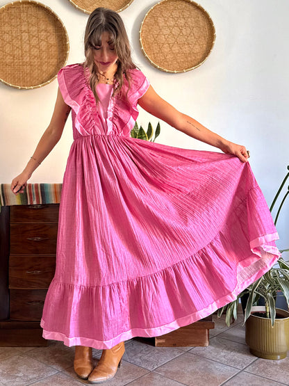 1970’s vintage metallic textured pink maxi prairie dress with satin ruffle details