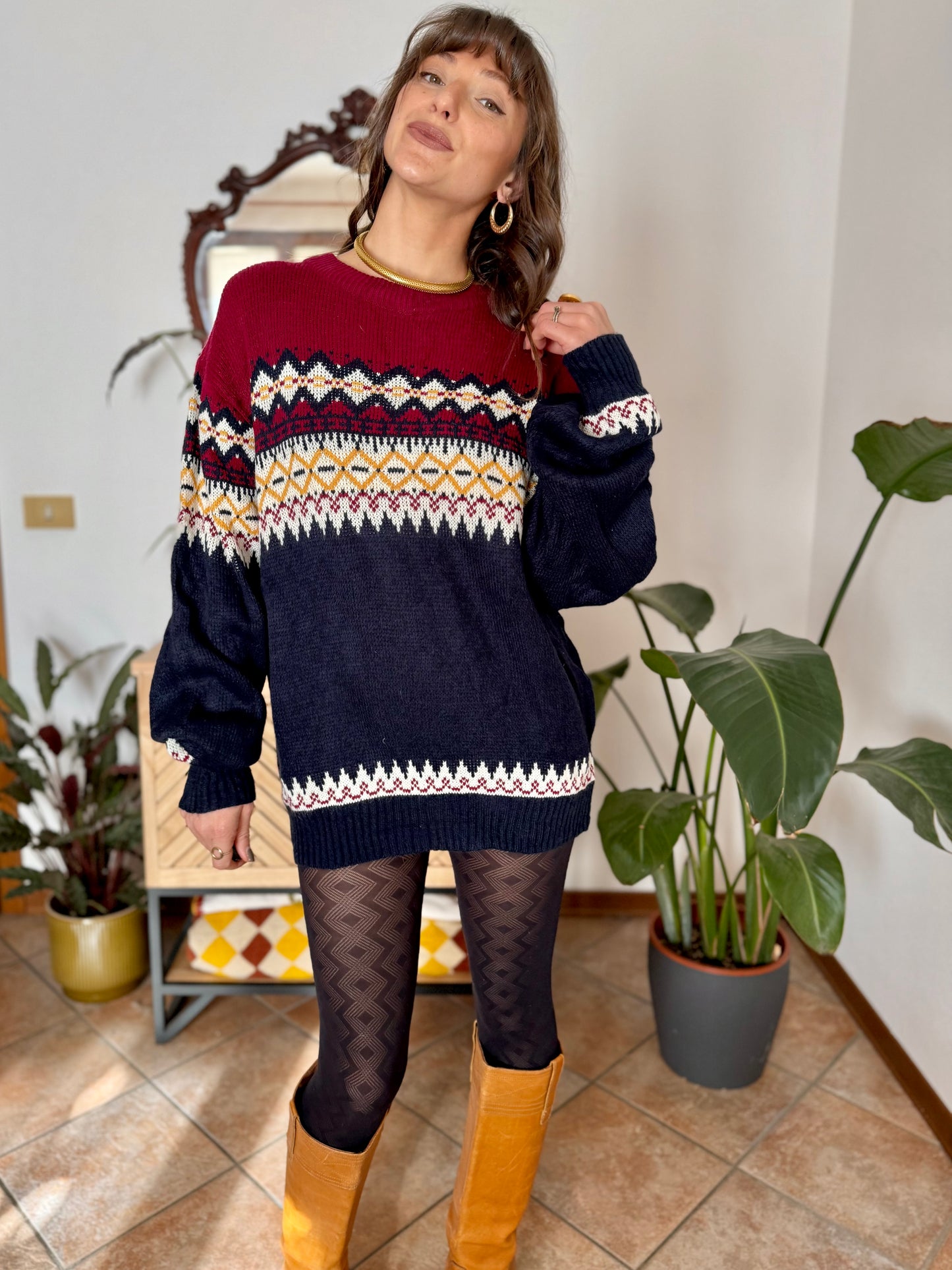 1980's vintage burgundy, navy and mustard yellow knit pullover dress