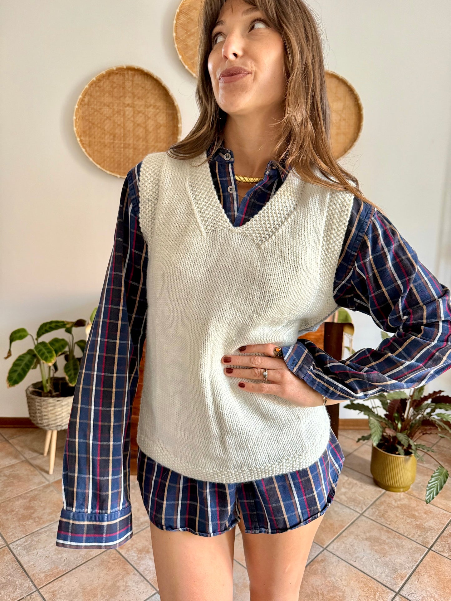 1970's vintage white and grey hand knit wool vest