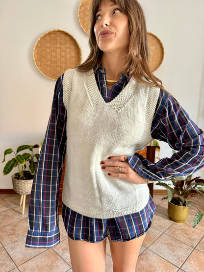 1970's vintage white and grey hand knit wool vest