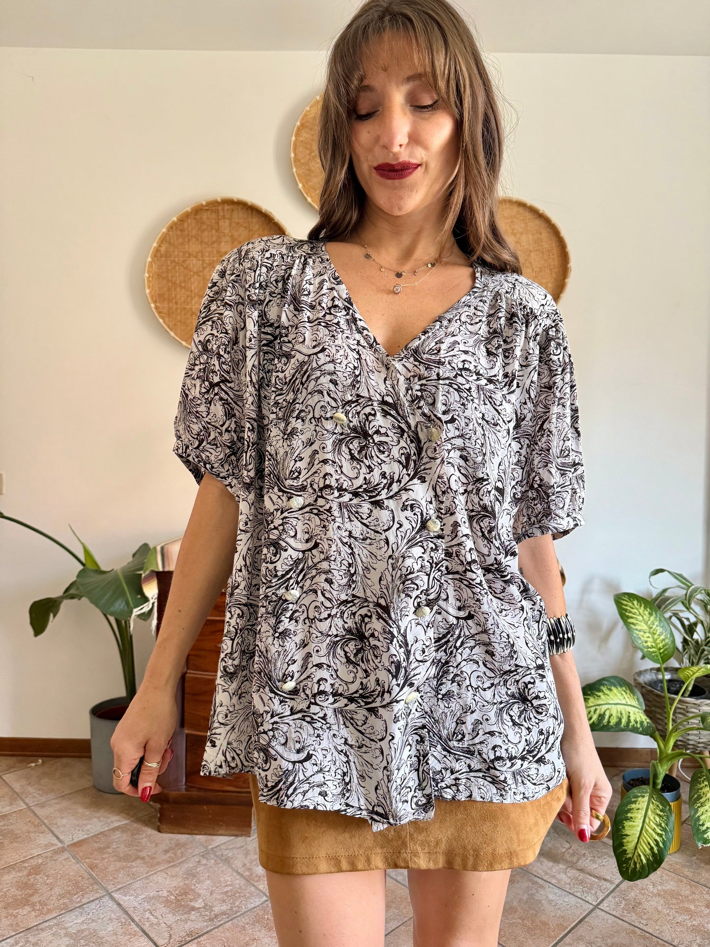 1970’s vintage black and light grey oversize paisley blouse