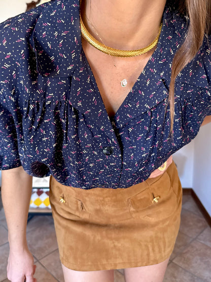 1970's vintage navy blue silk blouse with pink and tan abstract line print