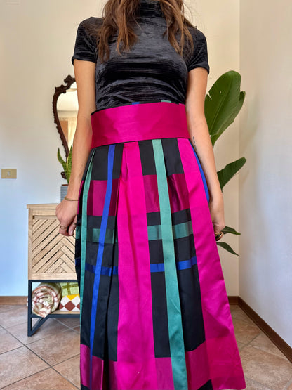 1970’s vintage black, fuchsia,green and blue plaid satin midi skirt