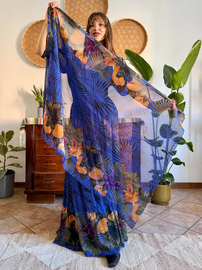 1960’s vintage blue floral silk evening gown with matching scarf and belt