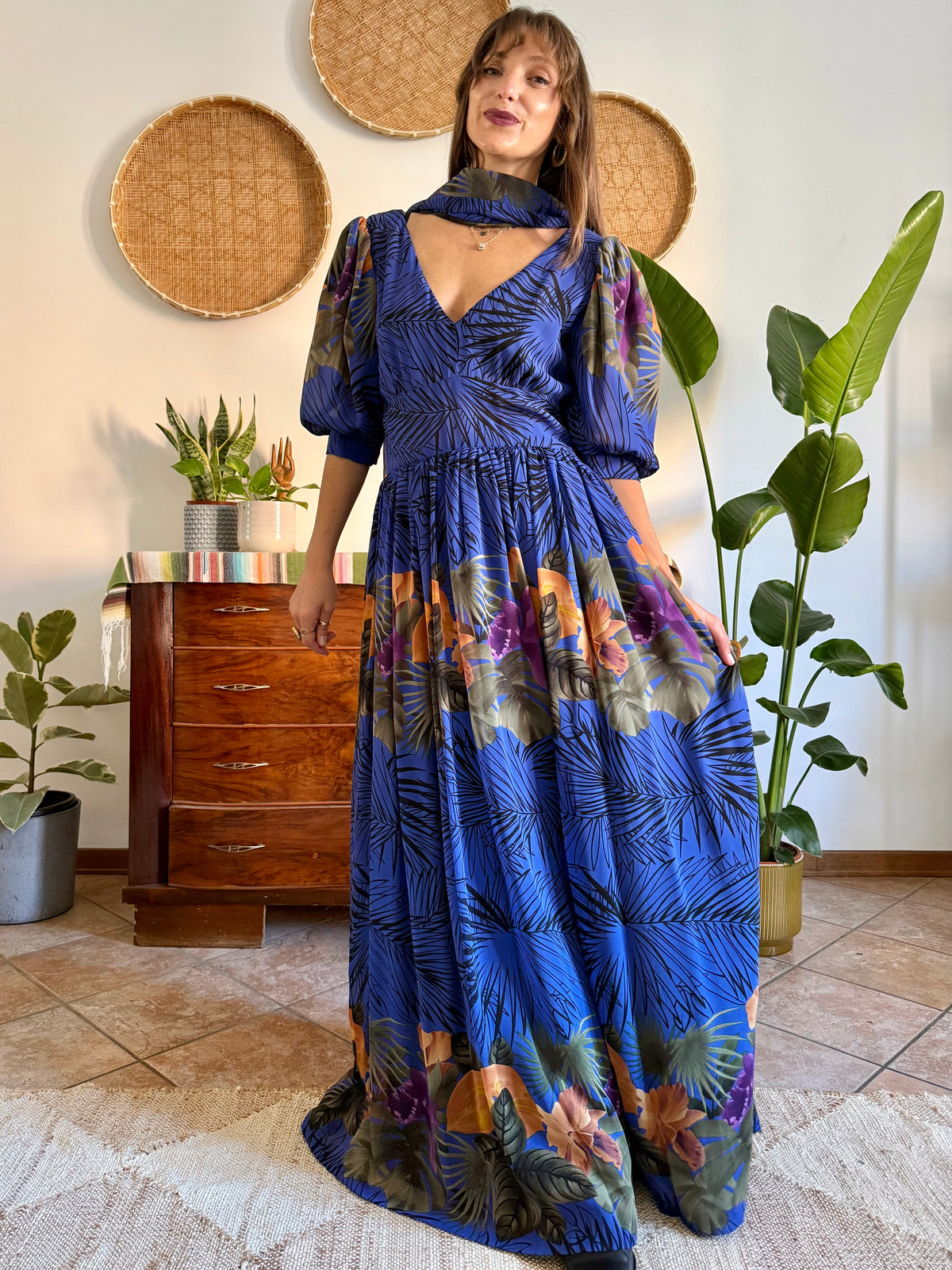 1960’s vintage blue floral silk evening gown with matching scarf and belt