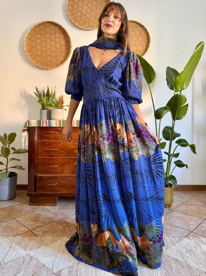 1960’s vintage blue floral silk evening gown with matching scarf and belt