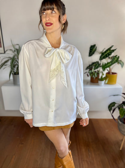 1970's vintage cream bow tie blouse with lace trim