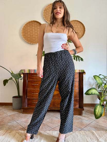 1970’s vintage black wide leg trousers with micro white floral embroidery